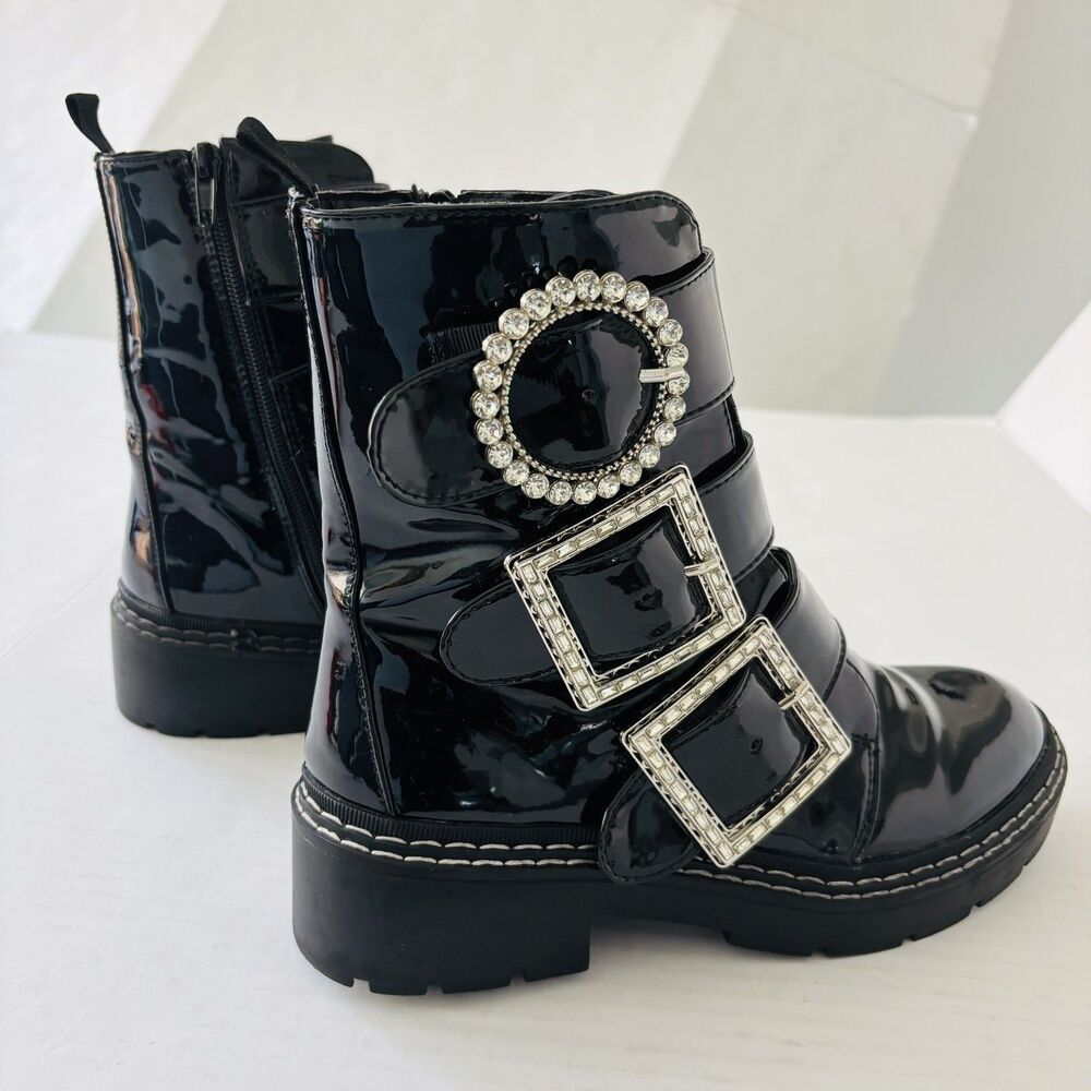 River Island Combat Boots Womens Size 7 Black Biker Crystal Buckle Straps Grunge - Picture 2 of 13
